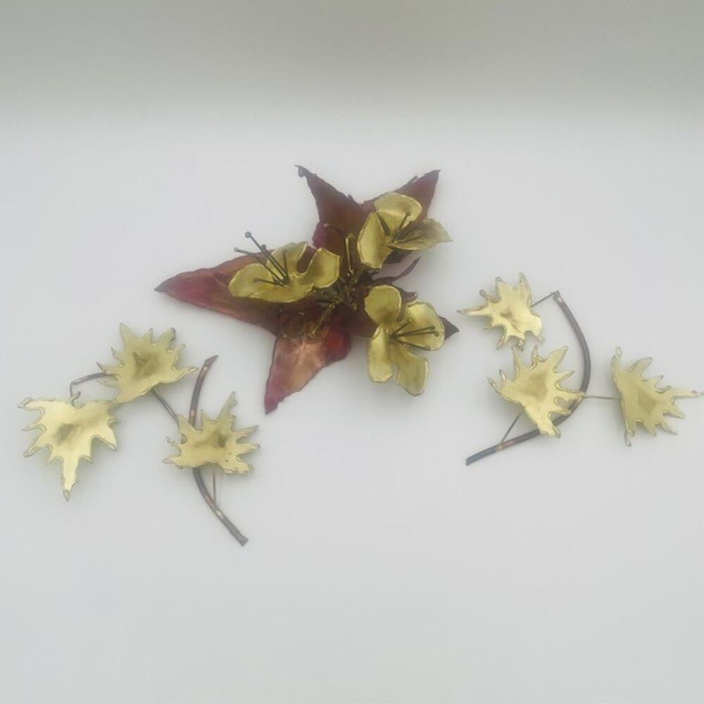 Vintage Gold Red Flowers & Leaves Copper Brass Metal Sculptures - 3 Pcs
